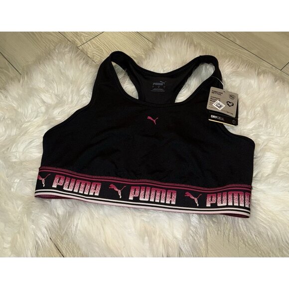 PUMA Dry Cell Racerback Sports Bra Spell Out WF Womens L Large Black Pink New - Picture 1 of 5
